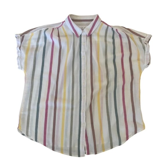 Ava & VIV muslin cotton vertical stripe cap sleeve button front collared top 14W - Picture 8 of 10